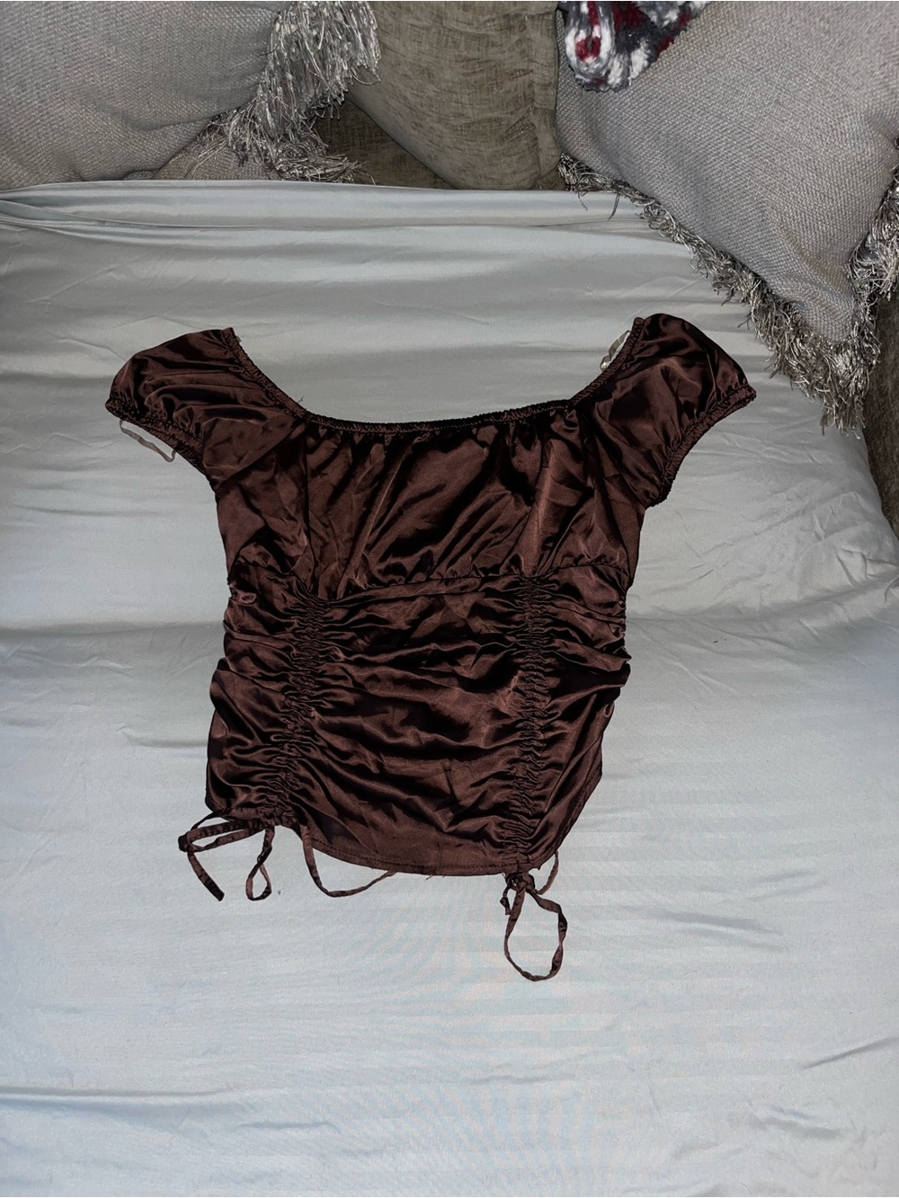 Almost Famous Deep Brown Satin Ruched Top